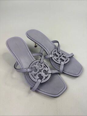 Tory Burch Lavender purple Leather Logo Kitten-Heel Sandals shoes Size 8